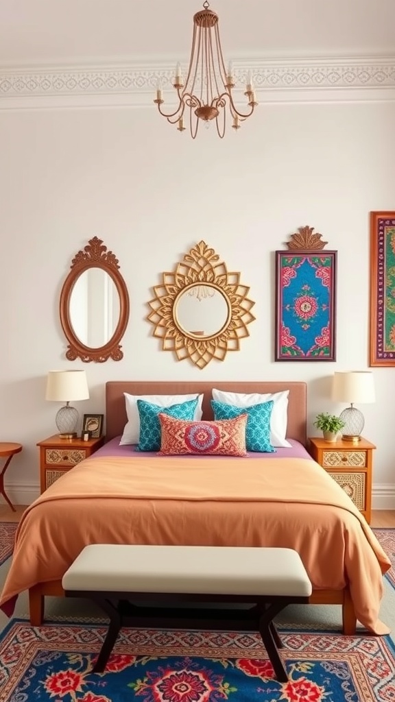 A Moroccan-style bedroom featuring decorative mirrors and colorful wall art.