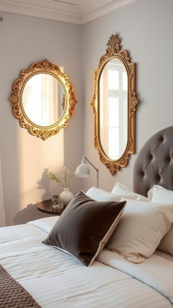 A cozy bedroom corner with two decorative mirrors in golden frames reflecting light.