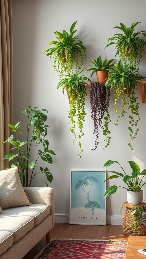 Decorative arrangement of non-toxic hanging plants on a wall shelf in a living room setting
