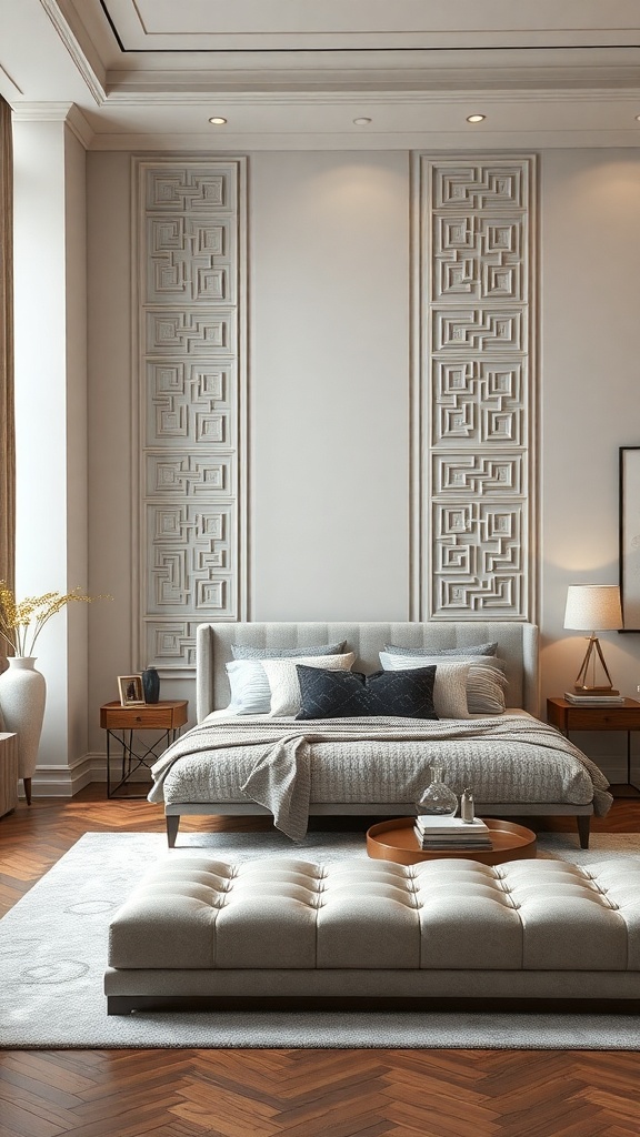 A stylish living room featuring decorative wall panels with geometric designs, a cozy bed, and elegant furnishings.