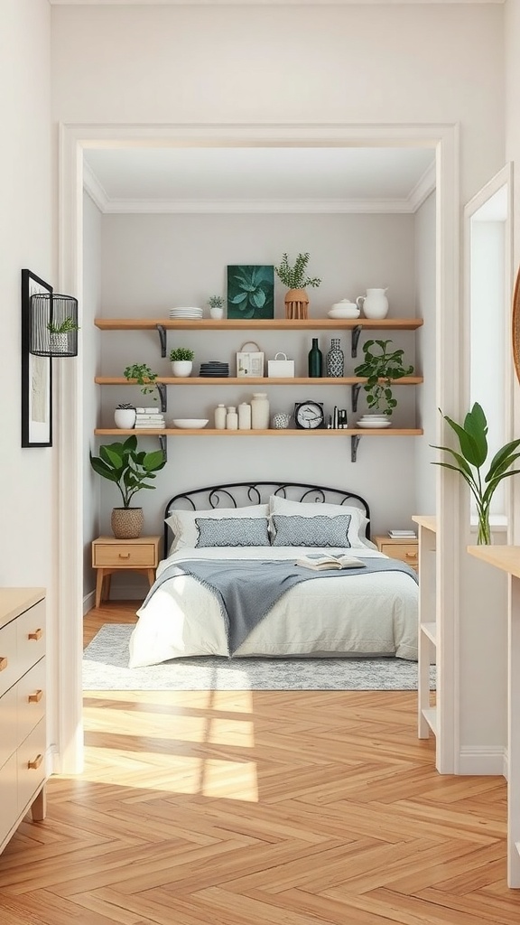 A decorative pass-through with wooden shelving displaying plants and decor, leading into a cozy bedroom.