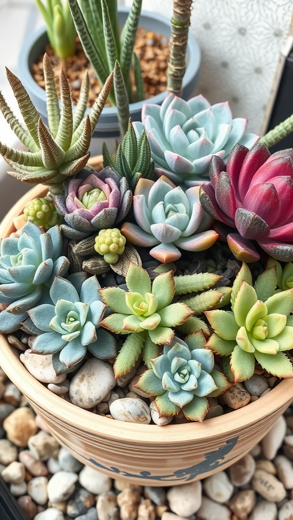 Colorful succulent arrangement in a wooden pot with pebbles