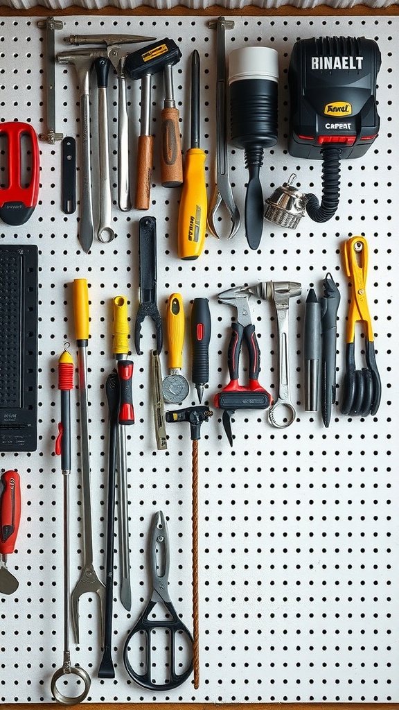 A pegboard displaying various tools in a crafts room.