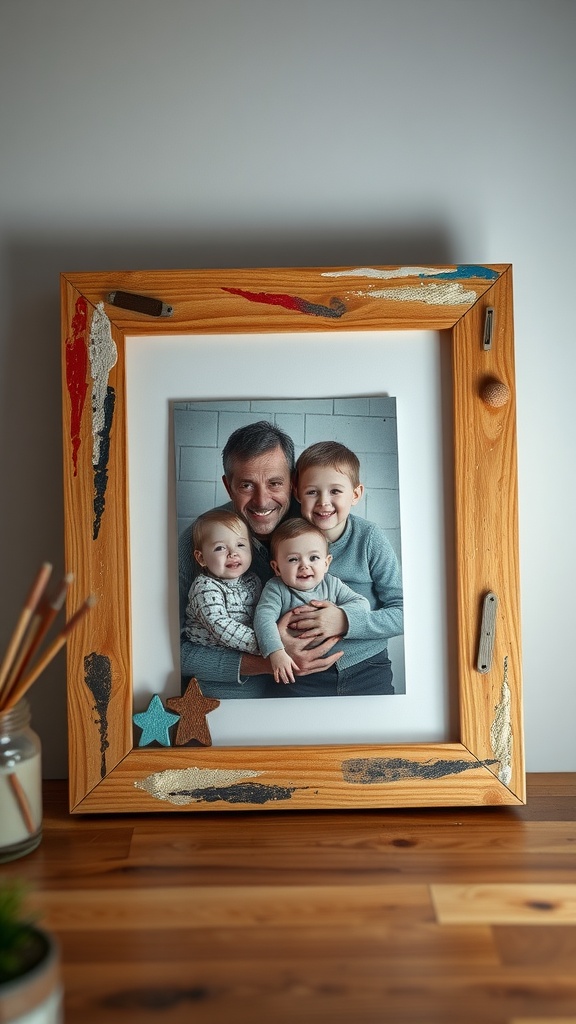 A decorative picture frame with a family photo, featuring colorful embellishments.