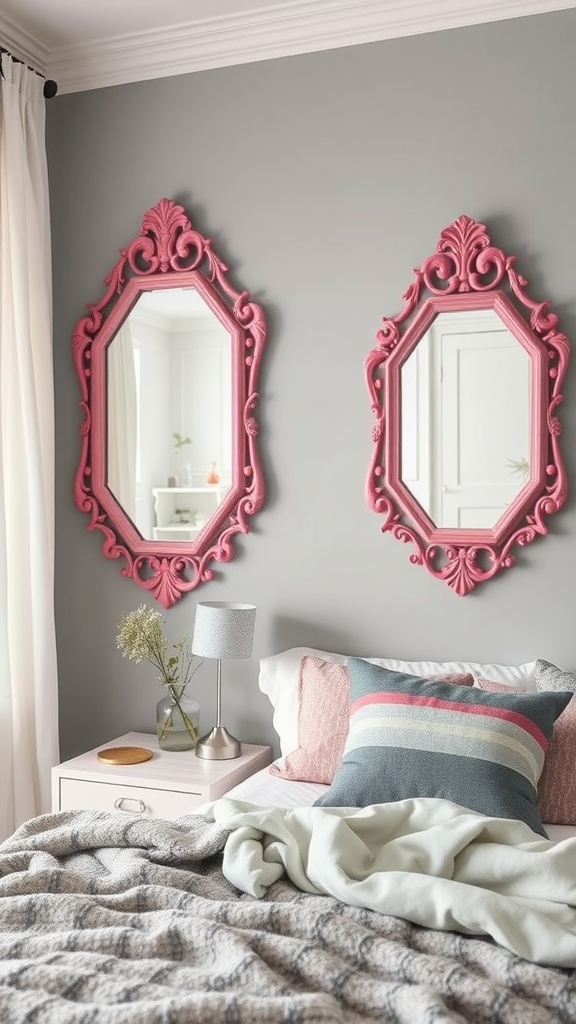 Decorative pink mirrors on a grey wall in a cozy bedroom
