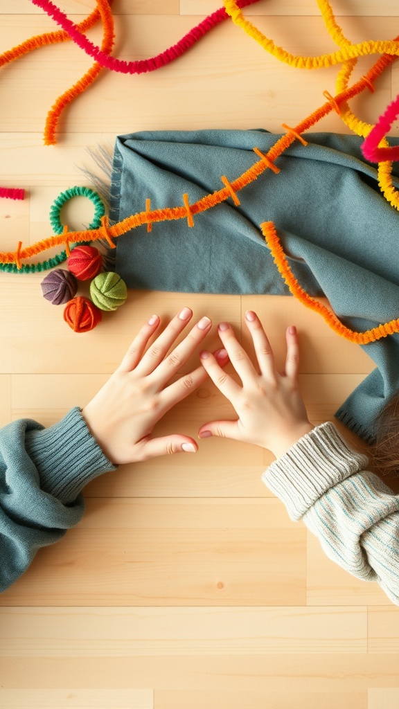 Hands creating decorative pipe cleaner garlands with colorful pipe cleaners on a wooden surface.