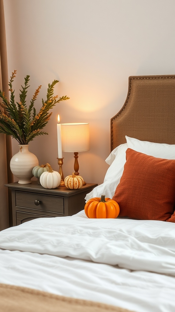 A cozy bedroom with decorative pumpkins on a bedside table, a warm pillow, and soft linens.