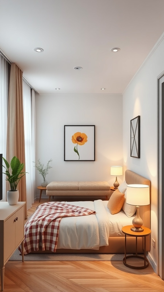 Cozy bedroom in a tiny apartment with decorative elements and a plant.