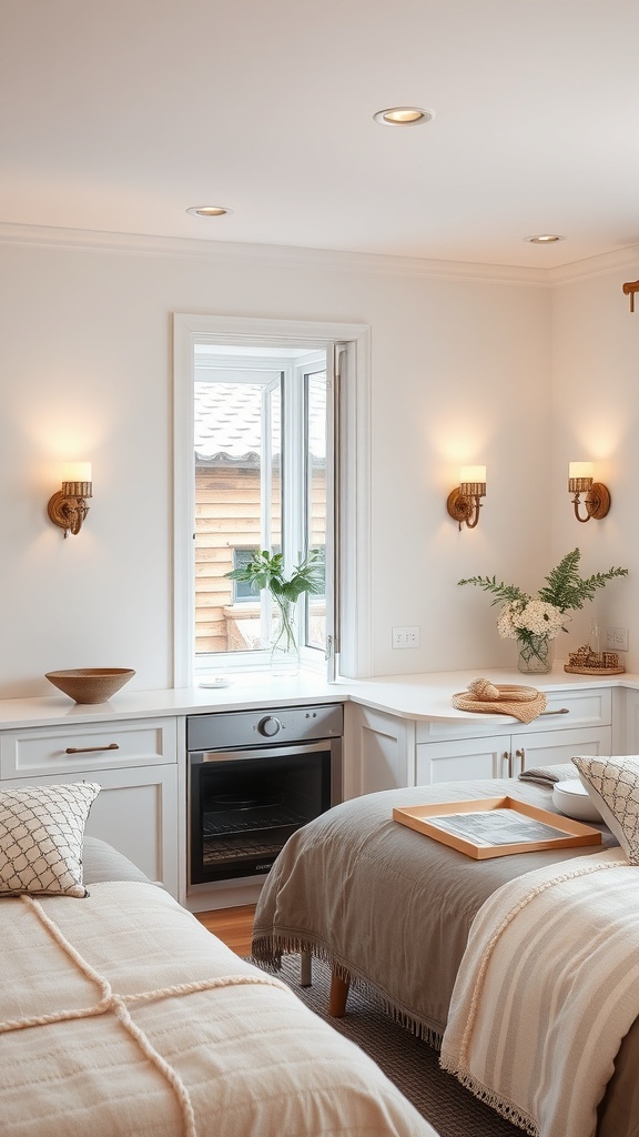 A kitchen with decorative wall sconces providing soft illumination.