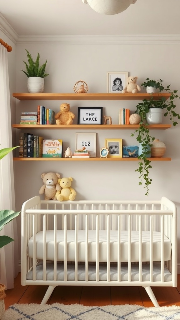 Decorative shelves in a neutral nursery with books, toys, and plants