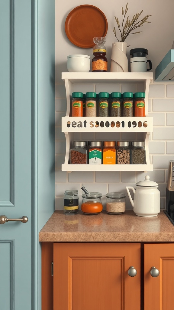 Decorative spice rack with various spices and kitchen items