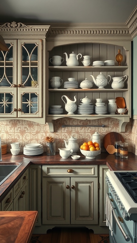 A Victorian kitchen with decorative storage solutions showcasing fine china and elegant teapots.