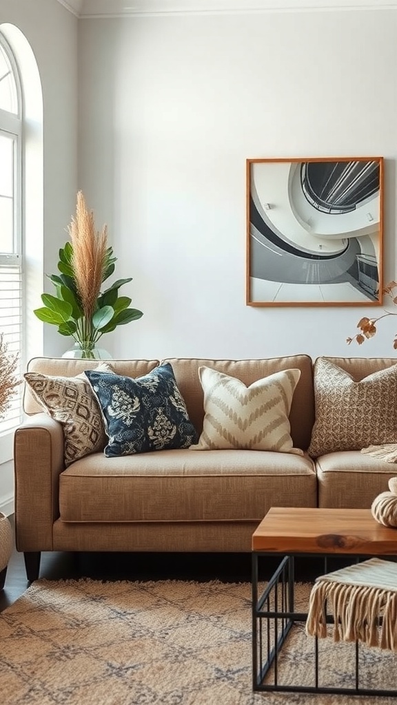 A cozy sofa with decorative throw pillows in various patterns and colors, accompanied by a wooden coffee table and a plant.