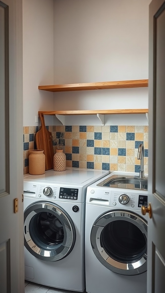 A stylish laundry room with a decorative tile backsplash, featuring colorful tiles and open shelving.