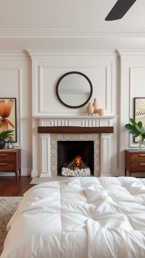 A cozy bedroom featuring a faux fireplace with decorative tiles, a mirror above the mantel, and a white bedding set.