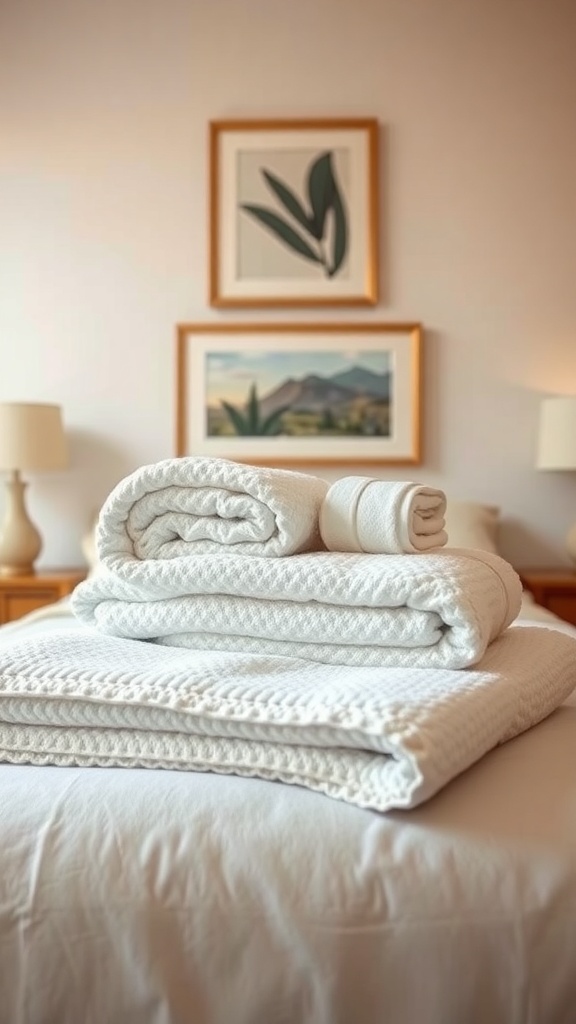 A neatly arranged stack of white towels on a soft surface with framed art on the wall in the background.