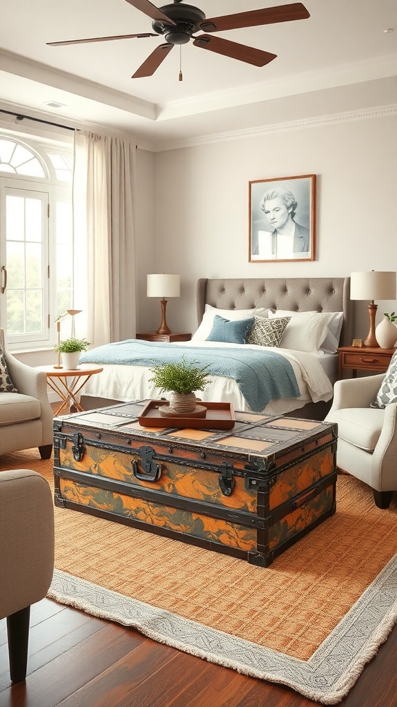 A decorative trunk in a living room setting, serving as both storage and a stylish centerpiece.