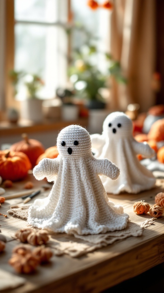 Two crochet ghosts on a table, surrounded by pumpkins and autumn decor.