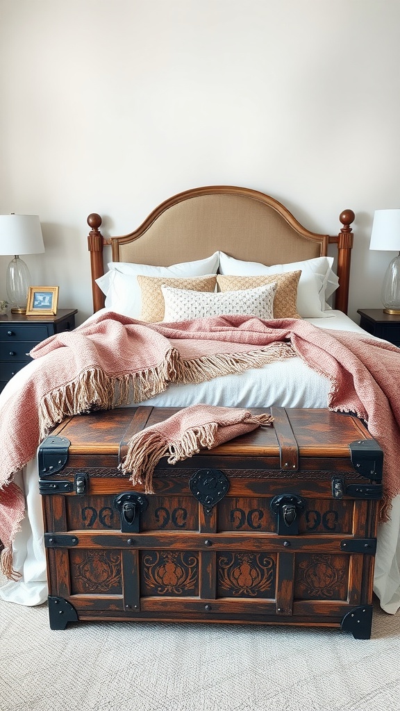 A vintage trunk at the foot of a bed, decorated with a pink blanket, pillows, and bedside lamps.