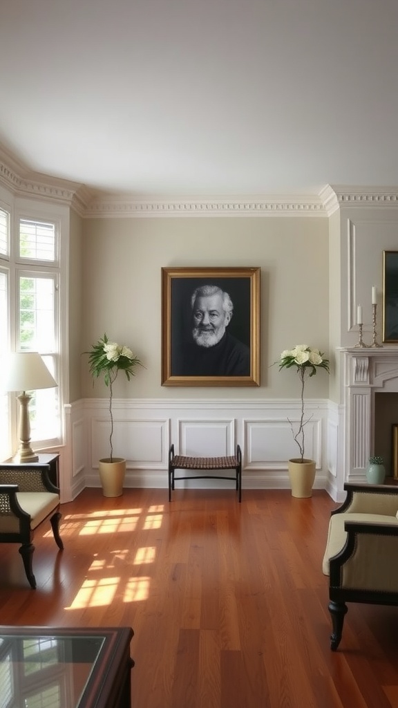 Living room featuring decorative wainscoting with a chair rail, wooden floor, and a portrait on the wall.