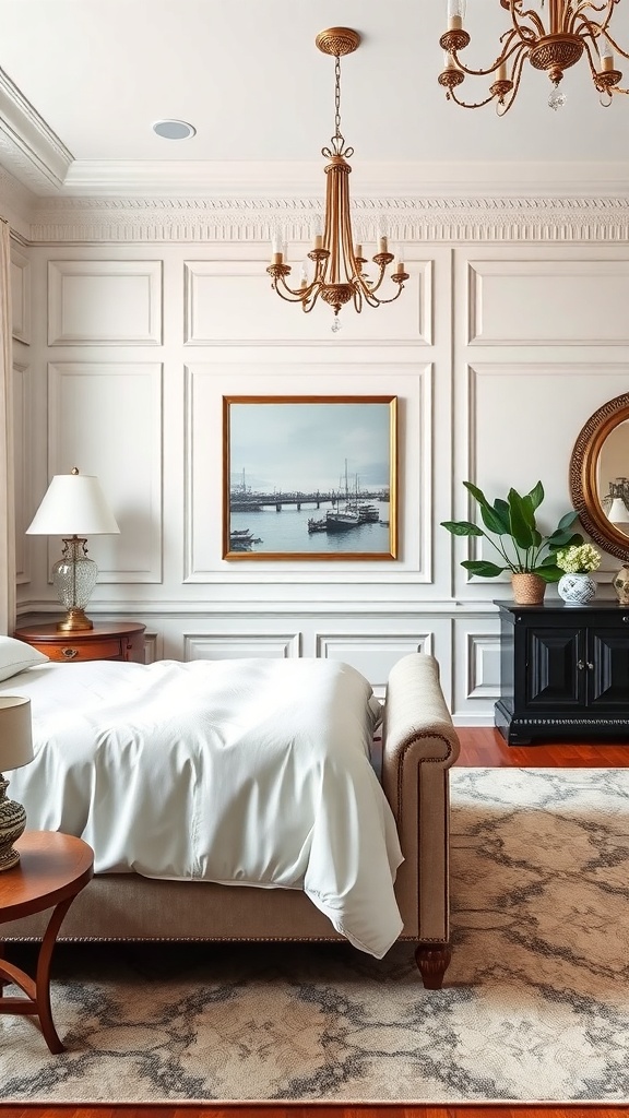A stylish living room featuring decorative wainscoting with molding, elegant furniture, and a warm atmosphere.