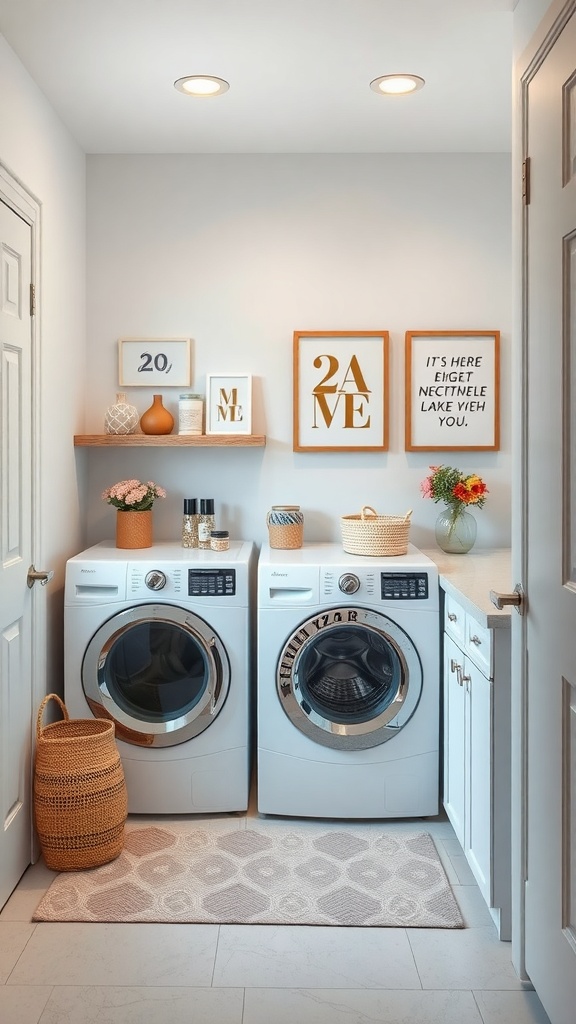 A small laundry room featuring modern appliances, decorative wall art, and a cozy atmosphere.