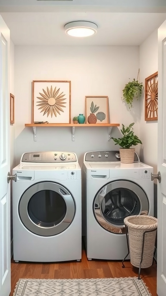 A small laundry room featuring two washing machines, decorative wall art, and plants on shelves.