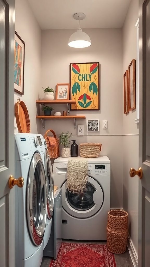 A small laundry room featuring decorative wall art, plants, and organized storage.