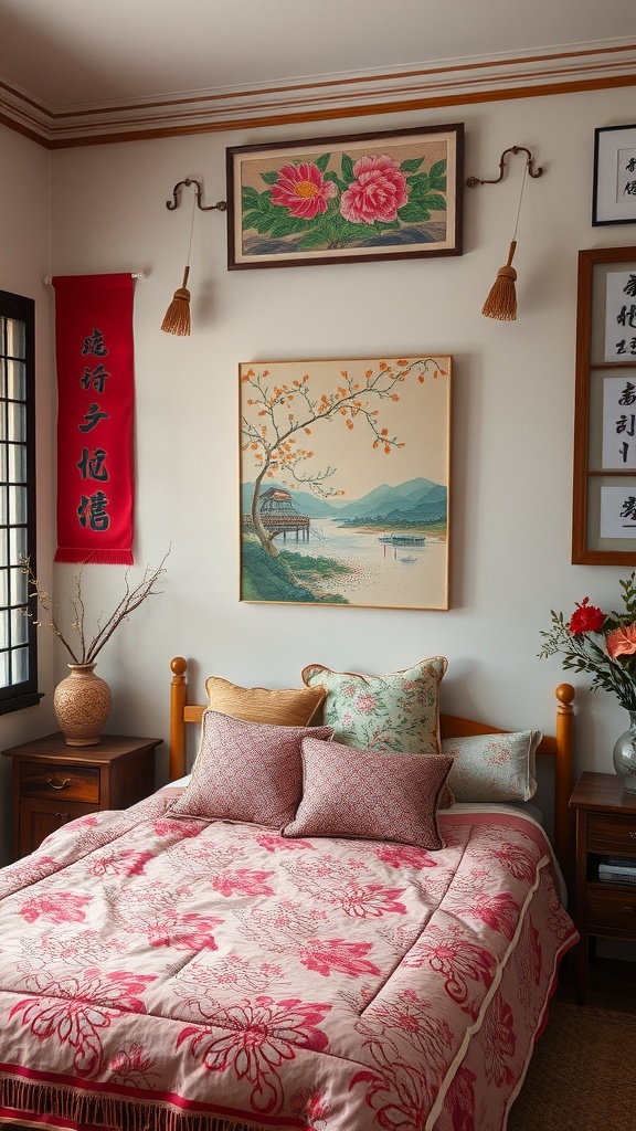 A cozy Korean bedroom with decorative wall hangings, including a large landscape painting and a floral tapestry.