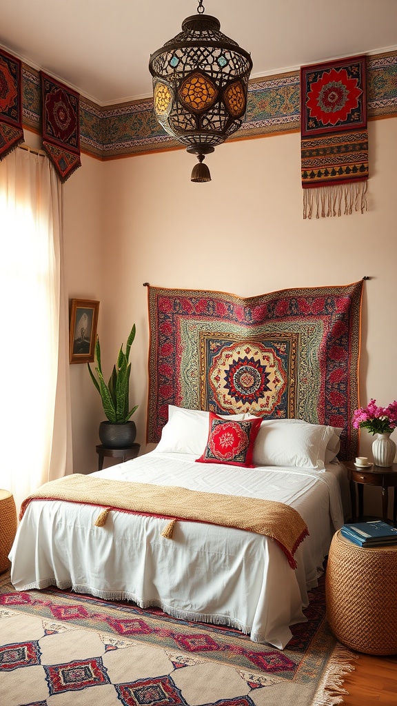 A Moroccan bedroom with decorative wall hangings and a vibrant tapestry above the bed.