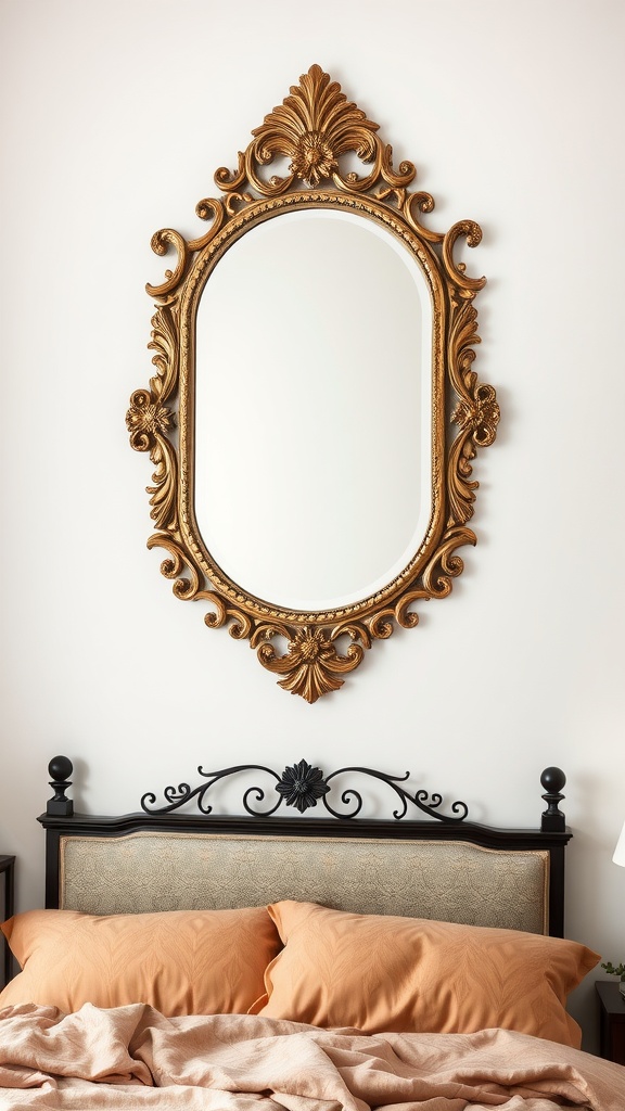 An ornate gold-framed mirror above a bed with orange pillows.