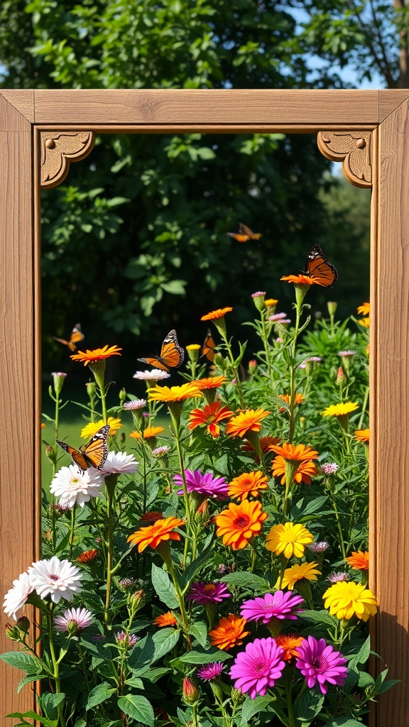 Colorful flowers with wooden frame border and butterflies