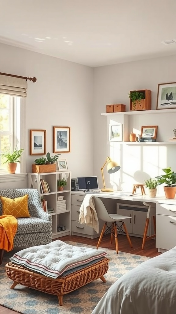 A cozy bedroom corner with a desk, comfortable seating, and shelves for craft supplies and books.