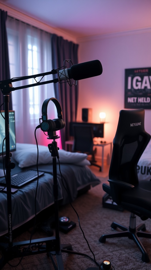 A cozy gaming room setup featuring a microphone, headphones, computer, and gaming chair.