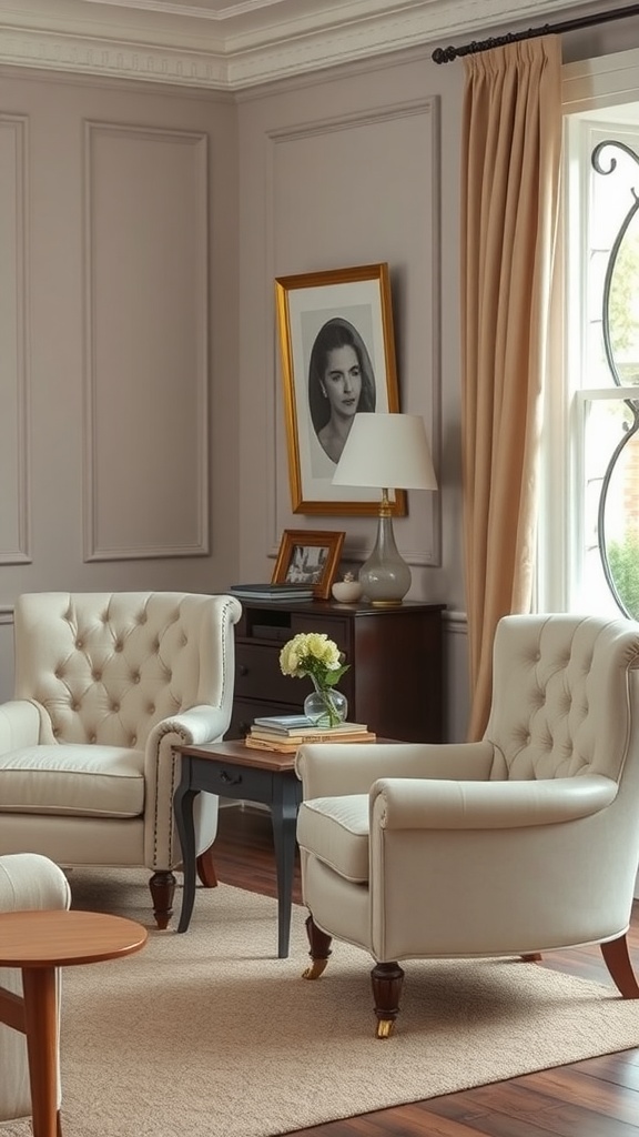 A traditional living room featuring deep-buttoned upholstered chairs, a side table, and natural light.