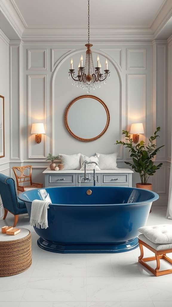 A deep blue bathtub in a stylish bathroom with elegant decor.