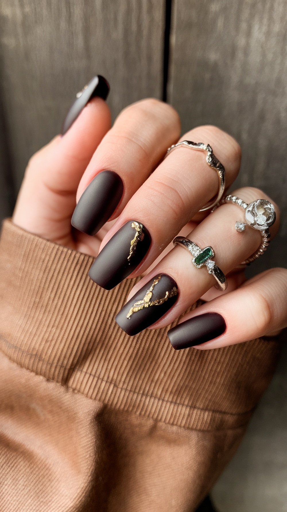 Close-up of deep espresso matte nails with gold accents, worn with rings and a brown fabric.