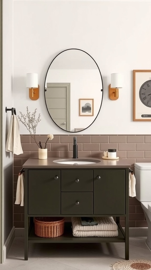 A deep olive vanity in a modern bathroom with a round mirror and stylish lighting.