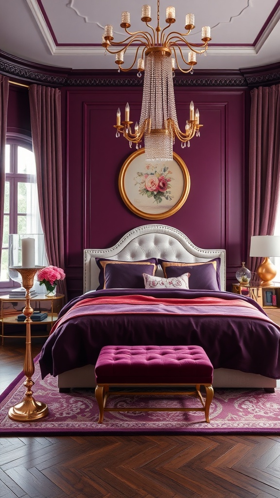 A luxurious bedroom featuring deep plum walls, elegant chandelier, and rich bedding.