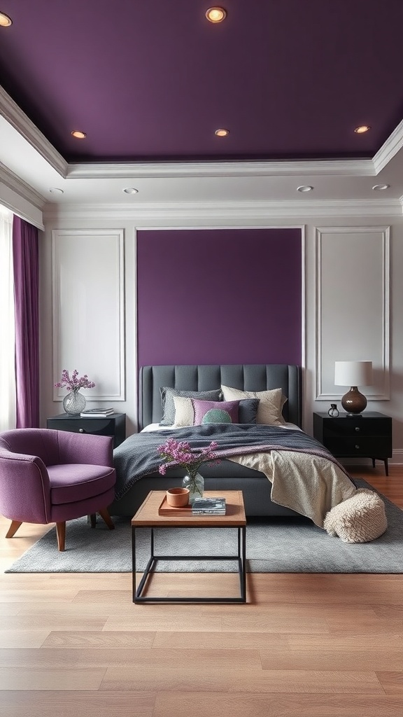 A stylish bedroom featuring a deep purple ceiling, gray walls, and coordinating furniture.