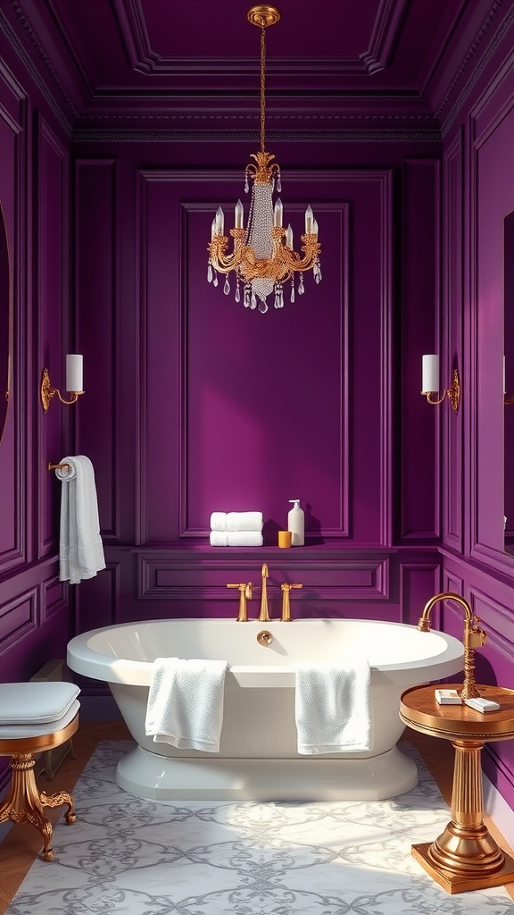 A luxurious bathroom with deep purple walls and gold fixtures, featuring a freestanding tub and elegant chandelier.