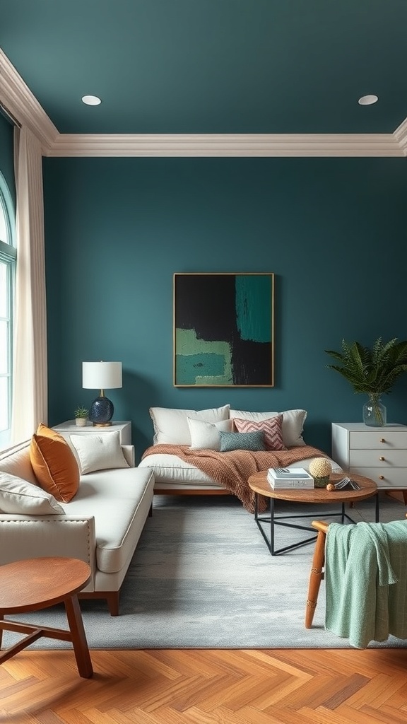 A living room featuring deep teal walls and ceiling, light furniture, and warm wooden flooring.