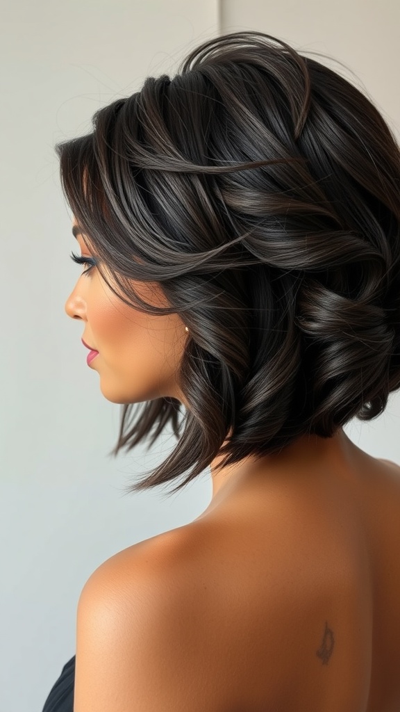 A chic woman with a deep wave bob hairstyle, showcasing soft waves and a side profile.