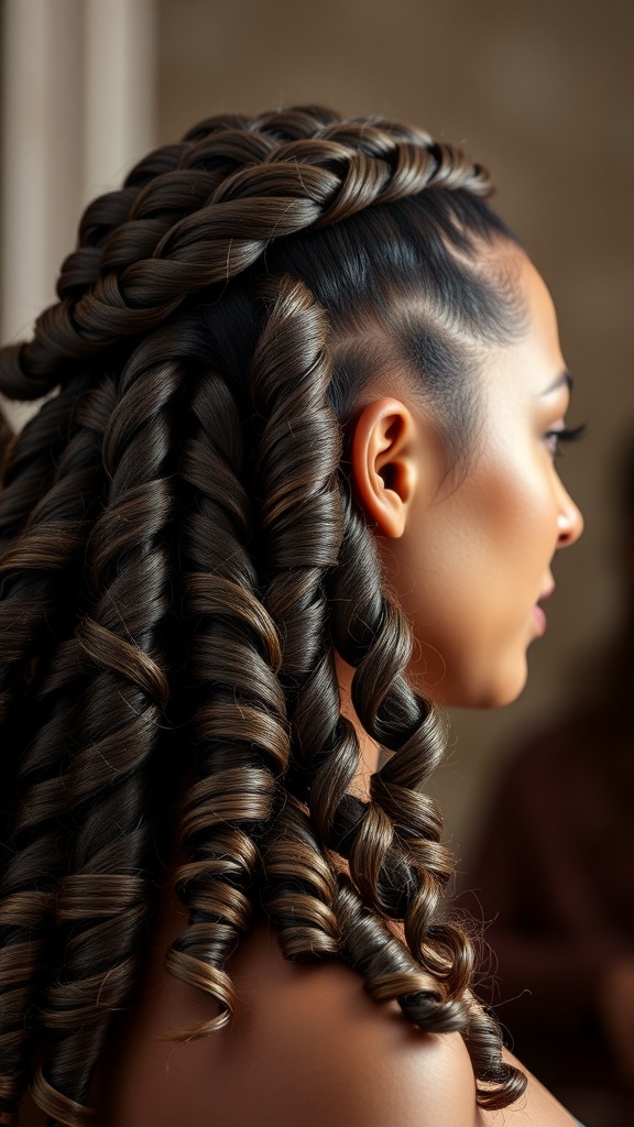 A side view of a hairstyle featuring deep waves and intricate braids, showcasing a braided crown look.