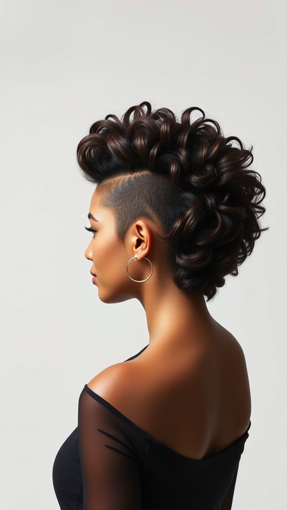 A woman showcasing a deep wave faux hawk hairstyle with shaved sides, wearing hoop earrings and a black off-shoulder top.