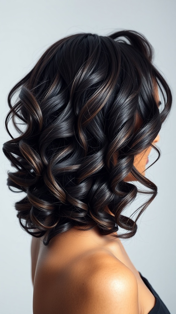 A close-up view of a deep wave layered haircut showing soft, bouncy waves and a rich dark color.