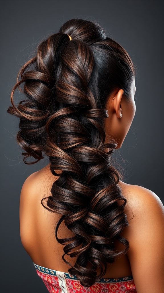 A woman with a deep wave ponytail featuring voluminous curls, showcasing a stylish hairstyle