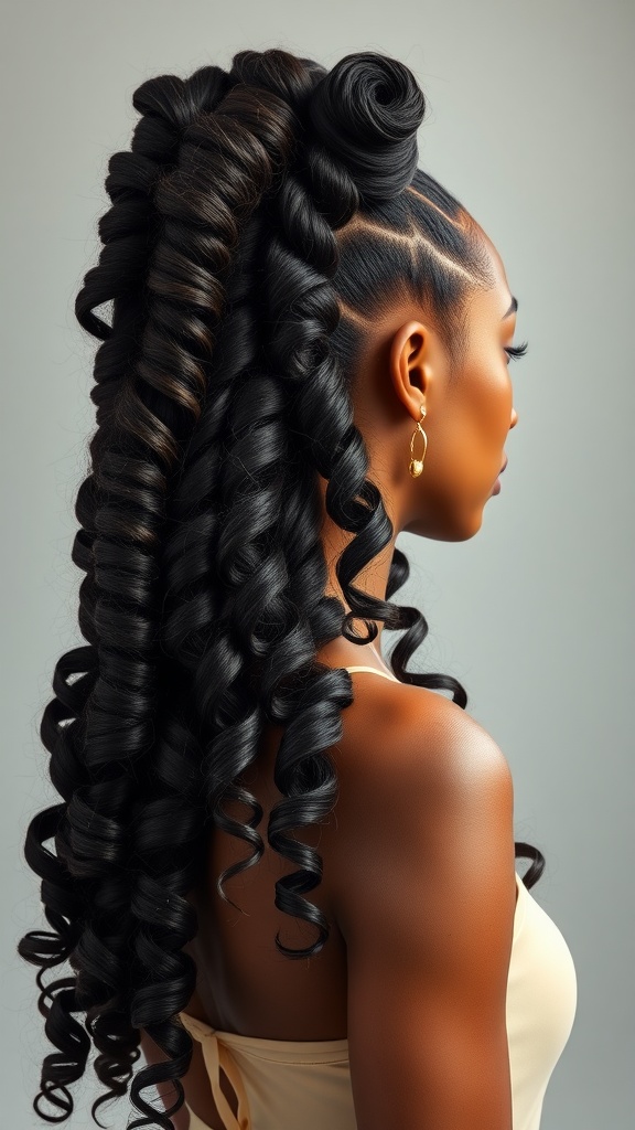 A woman with deep wave wig styled with elegant curls, showcasing beautiful earrings.
