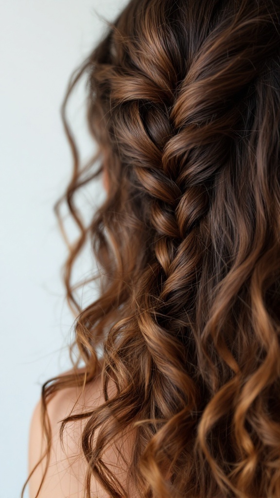A woman with long, curly hair styled with a side braid.