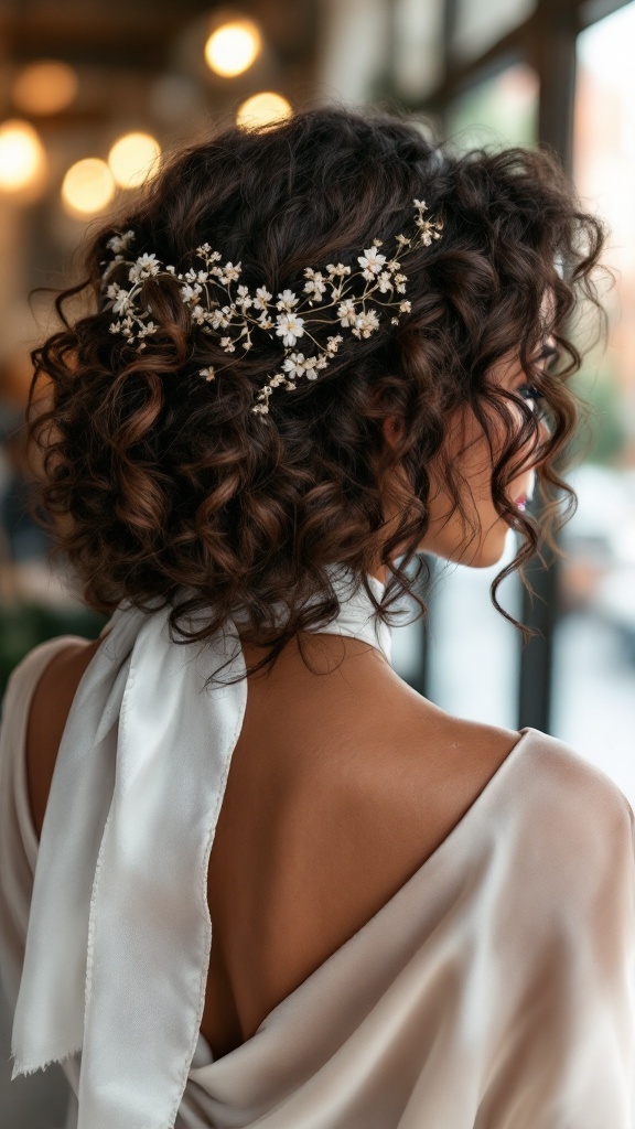 Bridesmaid hairstyle featuring defined curls adorned with a silk scarf and floral pins.